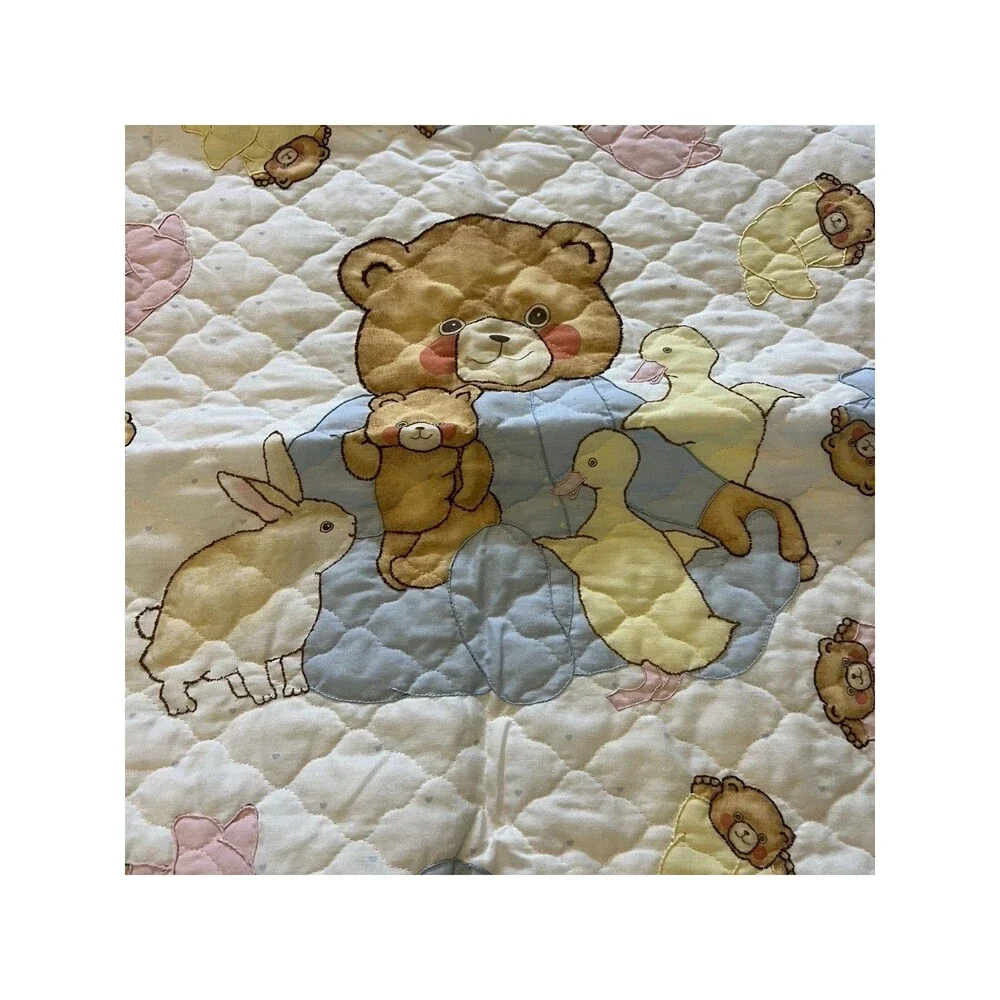 Vtg Handmade Nursery Panel Baby Quilt with Ruffle Custom Cottagecore Teddy Bear